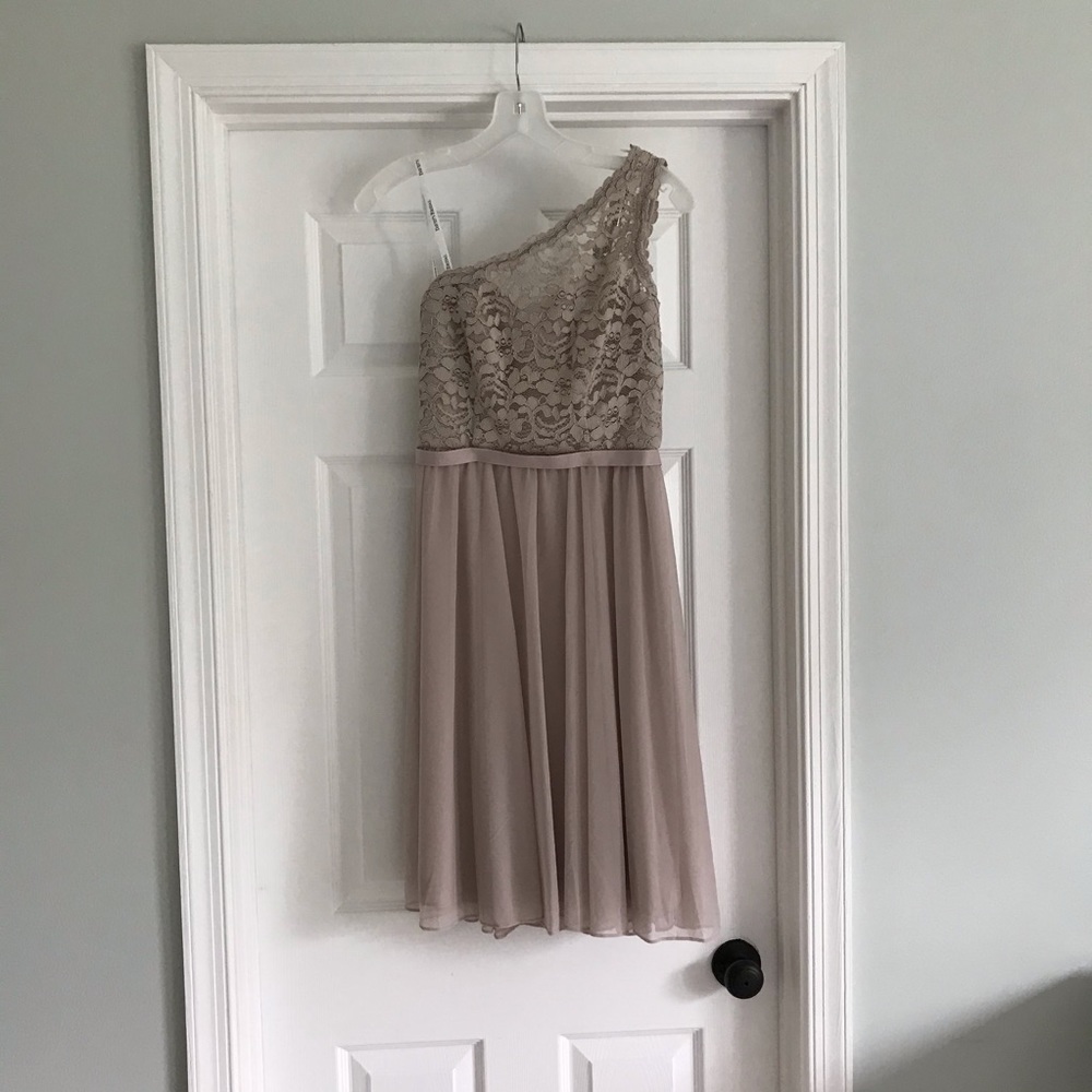 David’s Bridal one shoulder biscotti dress
